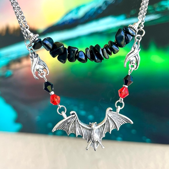Silver Bat choker necklace . Double layer onyx chips & bats Handmade goth boho - Picture 2 of 16